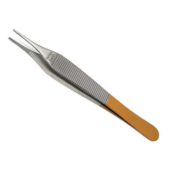 A2Z Scilab Flat Hollow Handle Tweezers, Serrated Head 4.75L, Stainless Steel, Gold Band A2Z-ZR895 - main